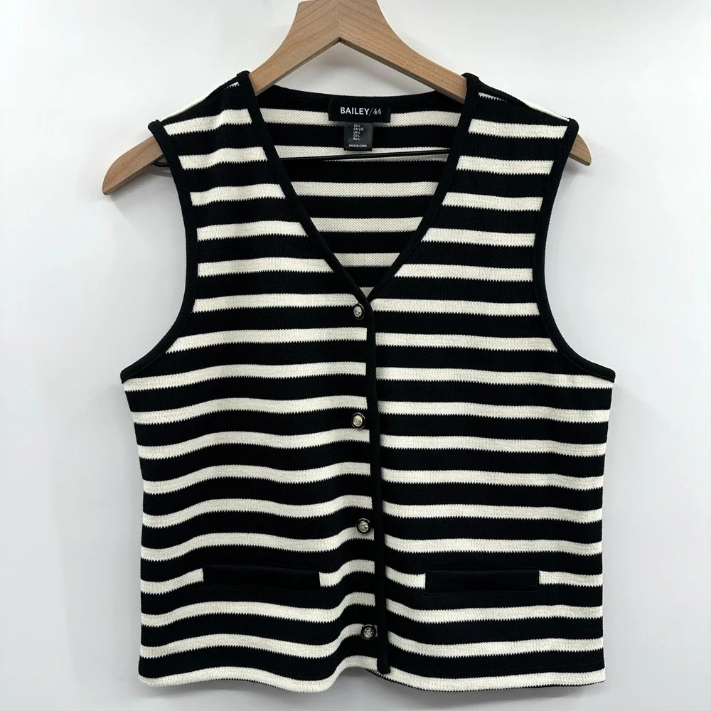 Bailey 44 Sweater Vest Button Front in Black Cream‎ Stripe Size L